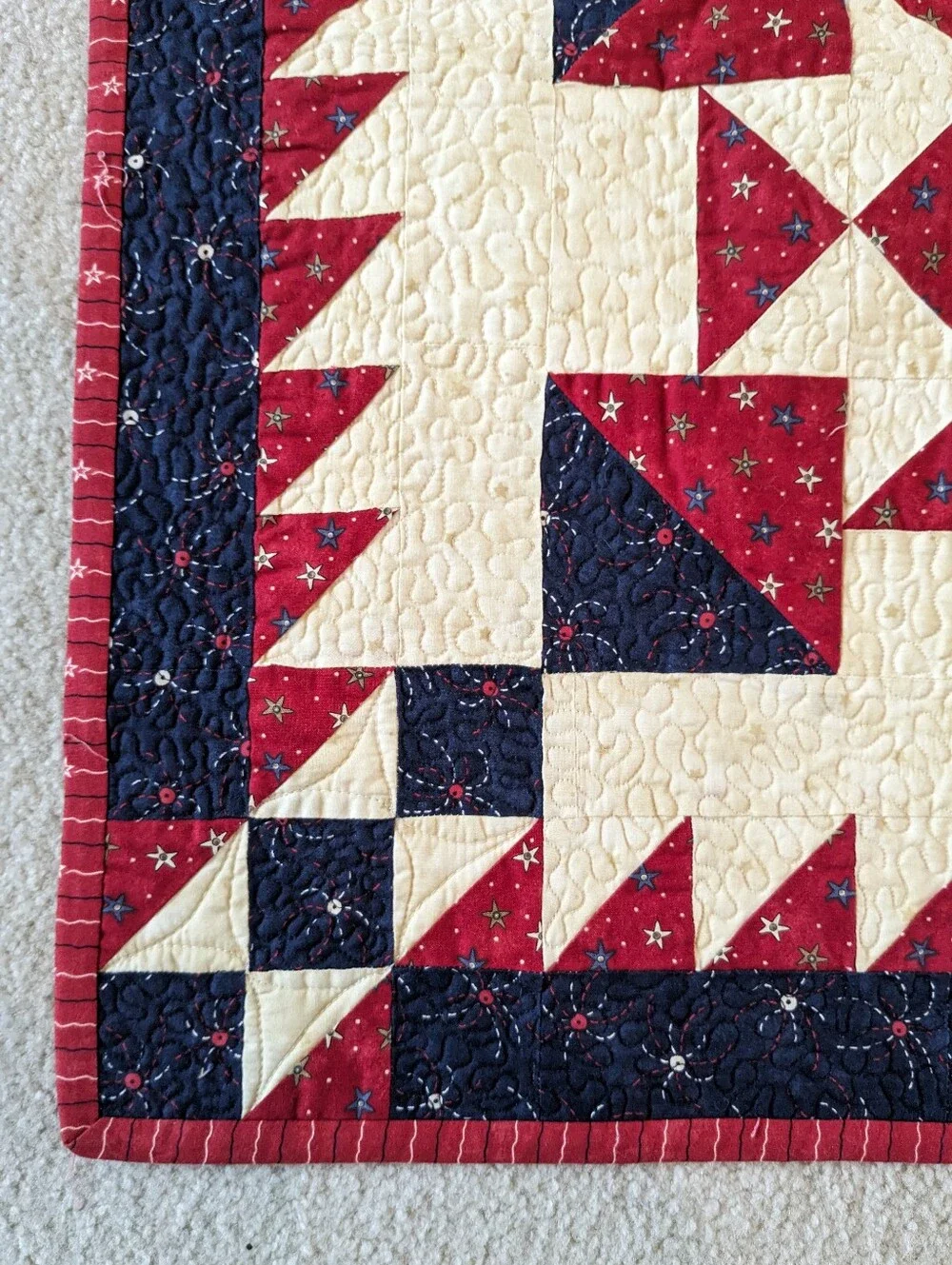 Patriotic Themed Quilt, Reds, Blues And Off-white Fabrics. Quilted And Signed